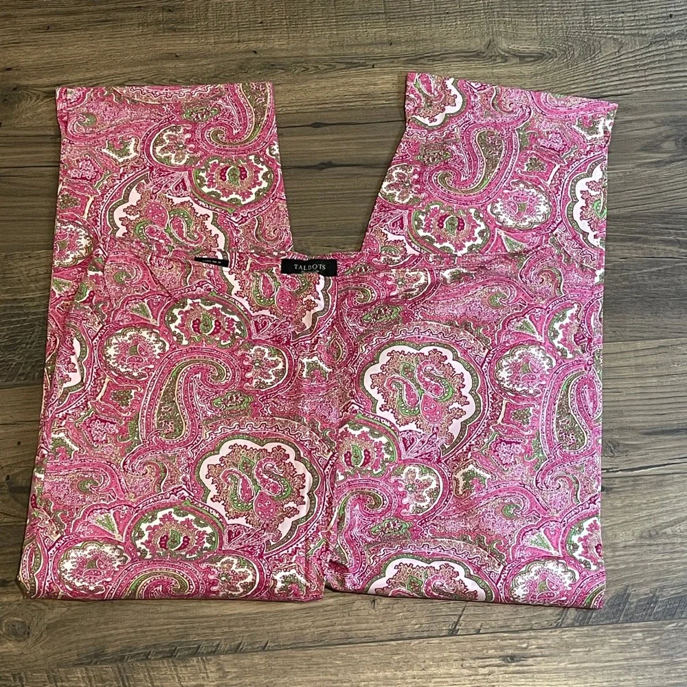Talbots Womens Pink Green Paisley Classic Side Zip Cropped Pants Size 12 Cotton